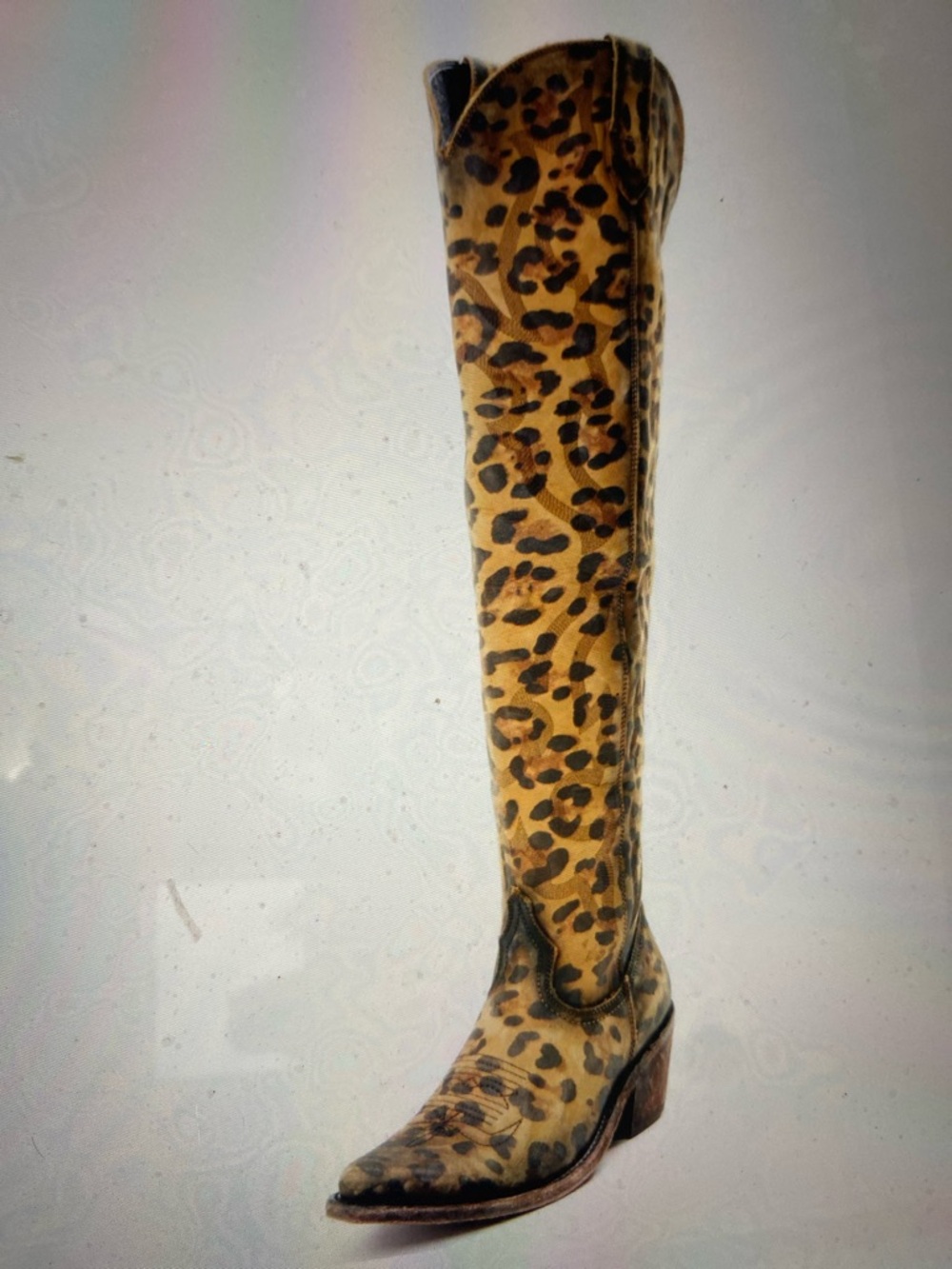 Leopard Print Knee High Almond Toe Embroidery OTK Western Boots NIB Size 8.5 - Picture 6 of 16